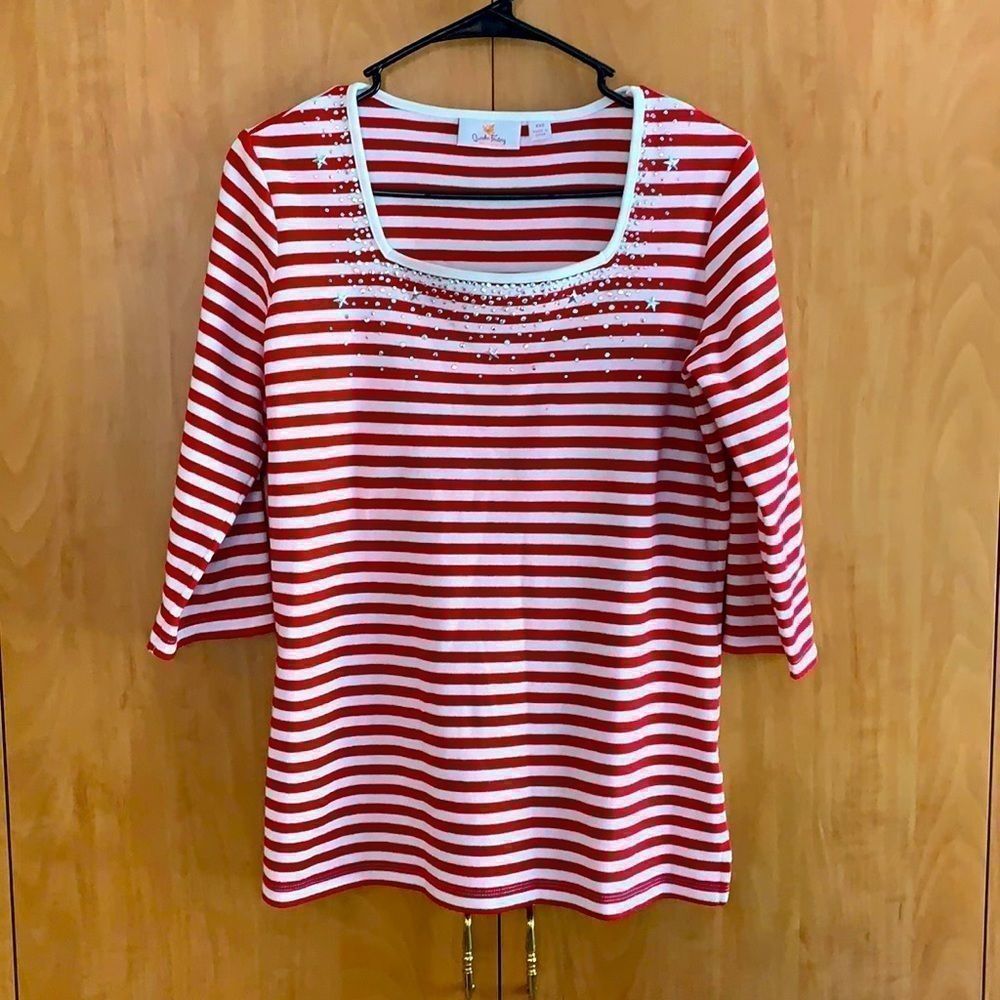 Quacker Factory XXS red white stripes shirt 1/2 sleeve with silver bling